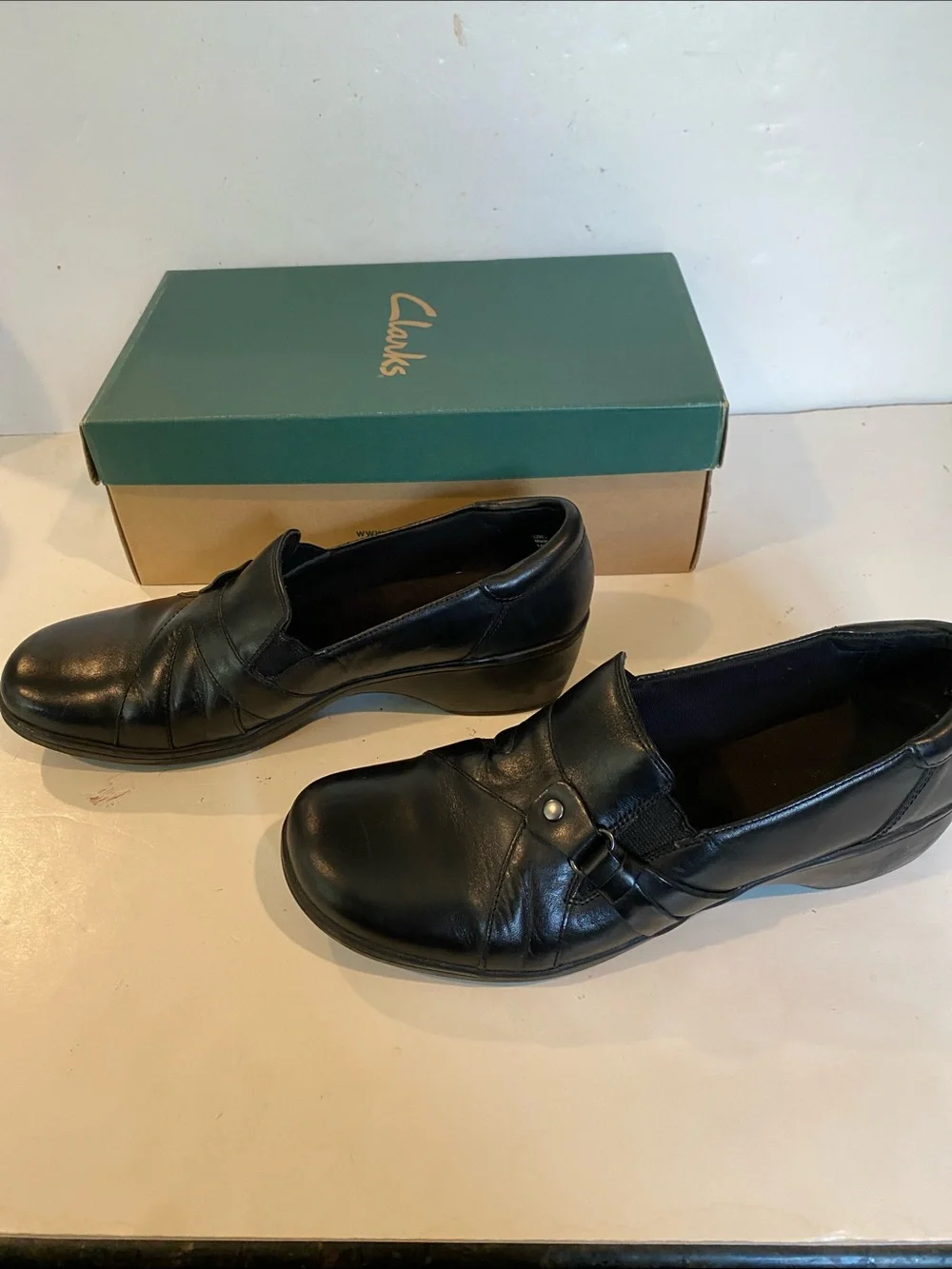 Clarks Leather May Marigold Black Slip-on Wedge Loafer